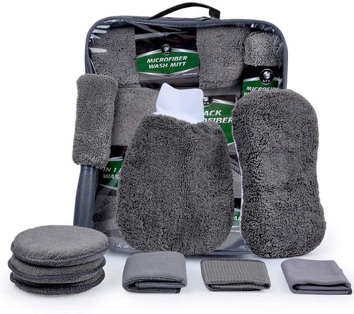 TEXTTAL 9Pcs Car Cleaning and Detailing Kit, Exterior and Interior Wash Tools - Microfiber Wash Mitt and Cloth, Wheel Brush, Washing Sponge, Wax Applicator Pads