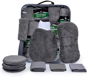TEXTTAL 9Pcs Car Cleaning and Detailing Kit, Exterior and Interior Wash Tools - Microfiber Wash Mitt and Cloth, Wheel Brush, Washing Sponge, Wax Applicator Pads